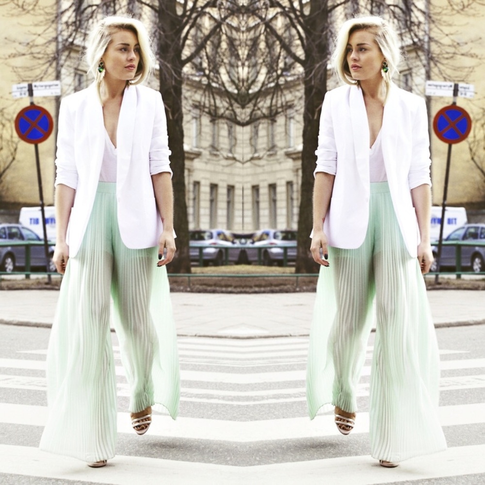 ZARA sheer pleated pants in mint green.